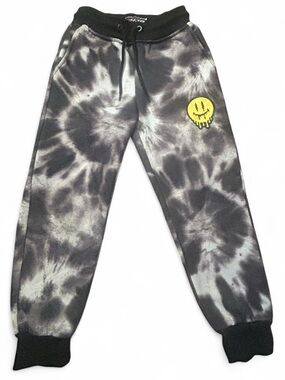 Kids Tie-Dye Black & Gray Jogger Pants with Yellow Drippy Smiley